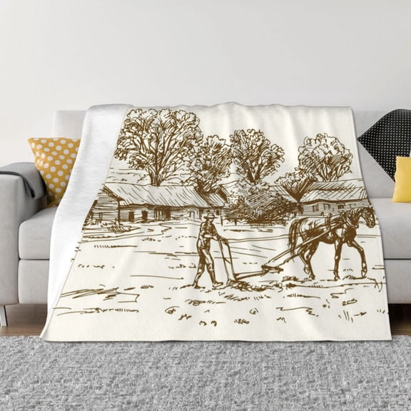 Naloa Plowed Field With Horses Flannel Fleece Throw Blanket for Bed Couch, Thick Blanket - All Seasons Suitable for Women, Men and Kids-80"x60"