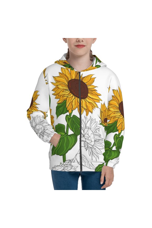 Plump Sunflower And Sketch Teenage Zipper Hoodie, Long Sleeve Zip Up Hoodies Casual Jackets Tops for 7-12 Years-Medium