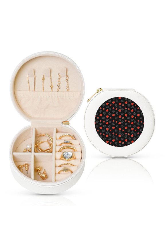 Poker Creative Symbols Round Jewelry Box, Travel Jewelry Organizer, 3.9 x 3.9 x 2in Jewelry Storage Box for Women-White