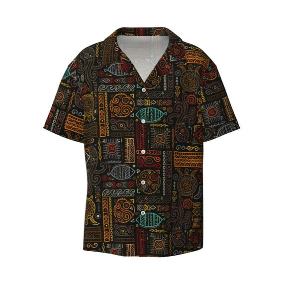 Naloa Polynesian Turtles Men's Loose Fit Cuban Collar Short-Sleeve Shirt with Button-down and Chest Pocket for Everyday Wear Outings - XX-Large