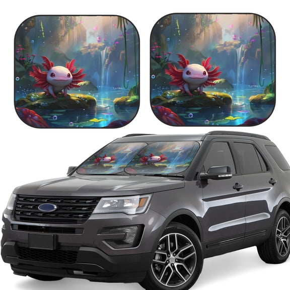 Naloa Pond Cute Axolotl Print 2-Piece Windshield Sunshade,Foldable Car Front Window Sun Shades,for Most Sedans SUV Truck-Large