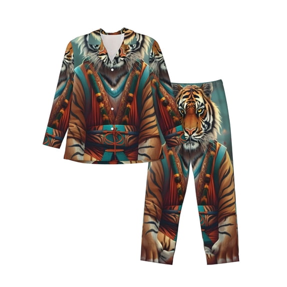 Naloa Pond Meditating Tiger Men’s Pajamas Set - Long Sleeve Button Down Sleep Shirt and Pajama Bottoms Sleepwear Set-Medium