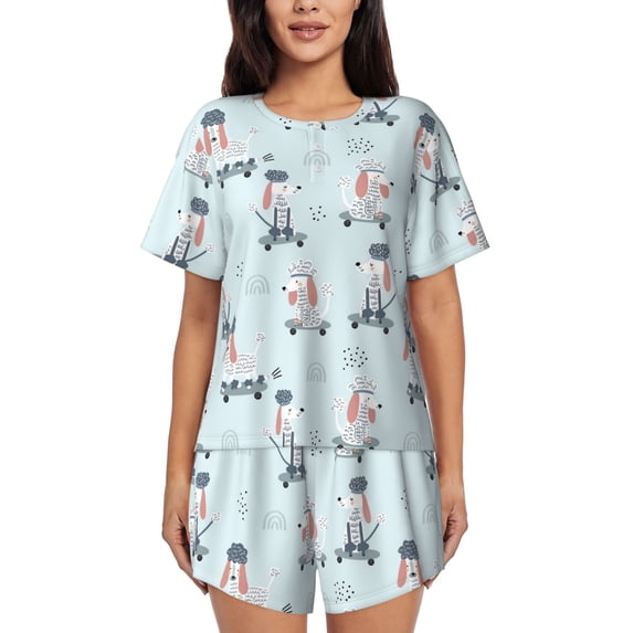 Naloa Poodle Playing Skateboard Women's Short-Sleeved Pajama Set, Loungewear, Summer pajamas, Breathable Cozy - Small