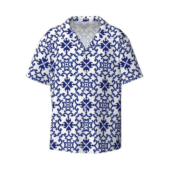 Naloa Porcelain Chinaware Men's Loose Fit Cuban Collar Short-Sleeve Shirt with Button-down and Chest Pocket for Everyday Wear Outings - Small