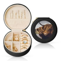 Naloa Portrait Of Cow With Its Baby Cow Round Jewelry Box, Travel Jewelry Organizer, 3.9 x 3.9 x 2in Jewelry Storage Box for Women-Black