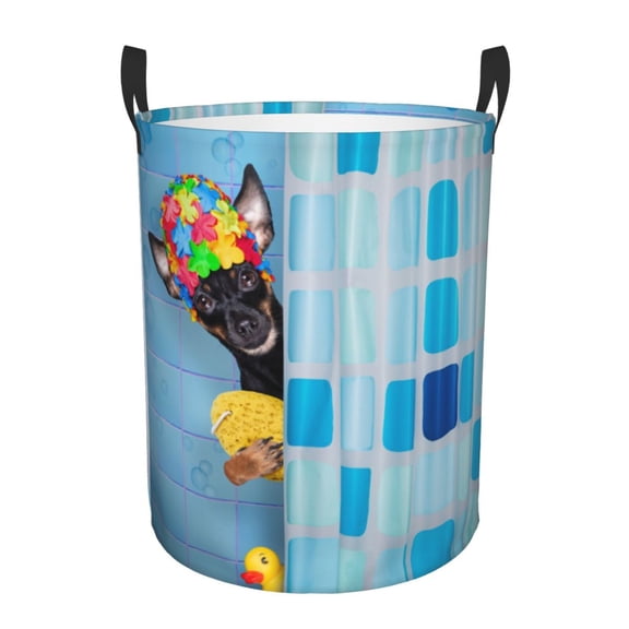 Naloa Prague Ratter Dog in Bathtub Large Laundry Basket Waterproof Round Collapsible Storage bin with Handles for Hamper Kids Room,Toy StorageSmall