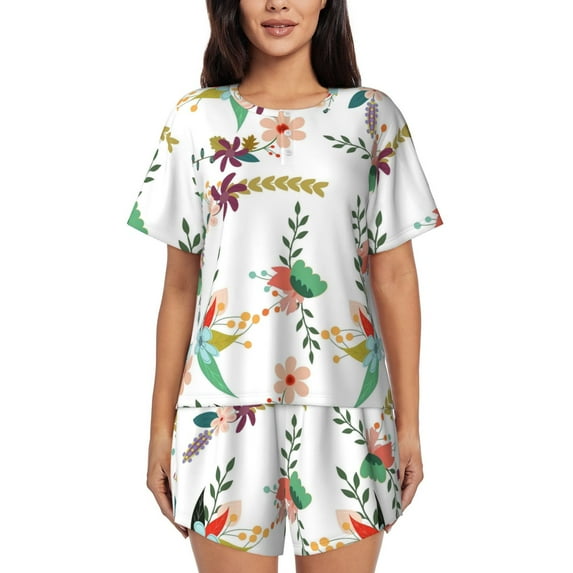 Naloa Pretty Floral With Leaves Women's Short-Sleeved Pajama Set, Loungewear, Summer pajamas, Breathable Cozy - Medium