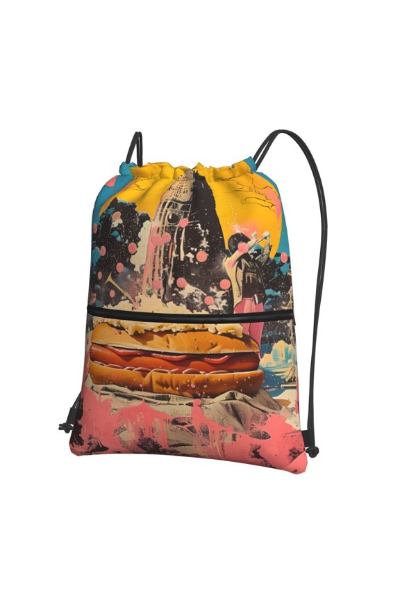 Psychedelic Band Hotdog Art Drawstring Backpack String Bag Cinch Water Resistant for Gym Shopping Sport Yoga