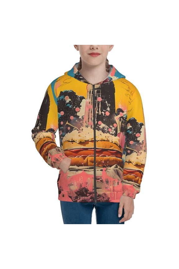 Psychedelic Band Hotdog Art Teenage Zipper Hoodie, Long Sleeve Zip Up Hoodies Casual Jackets Tops for 7-12 Years-