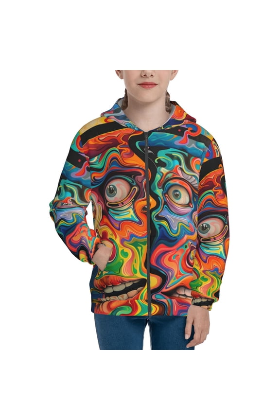 Psychedelic Faces Colorful Teenage Zipper Hoodie, Long Sleeve Zip Up Hoodies Casual Jackets Tops for 7-12 Years-