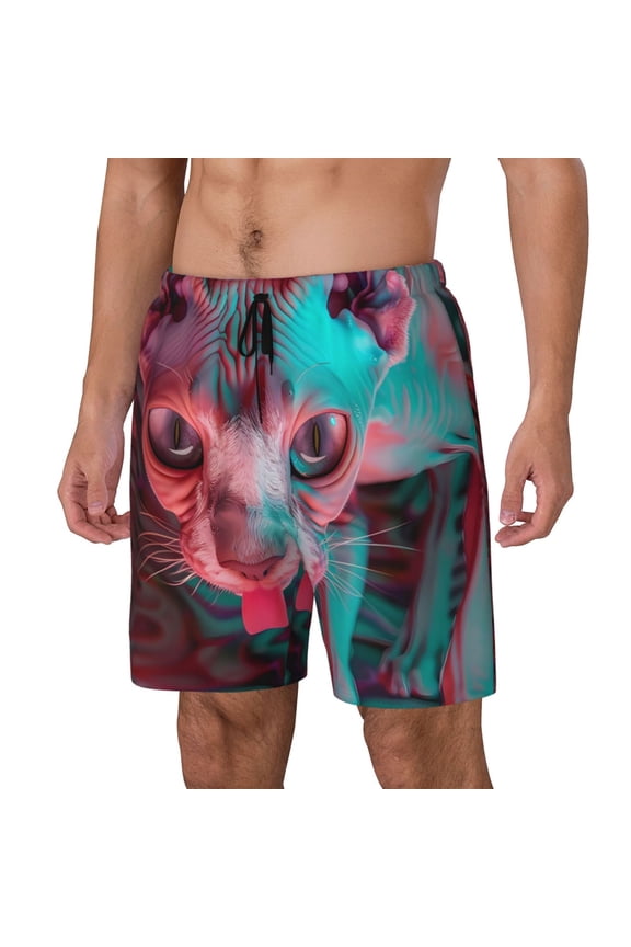 Psychedelic Hairless Cat Print Men Swim Trunks with Compression Liner ,Board Shorts,Men's Swim Shorts with Drawstring and Elastic Waistband-Large