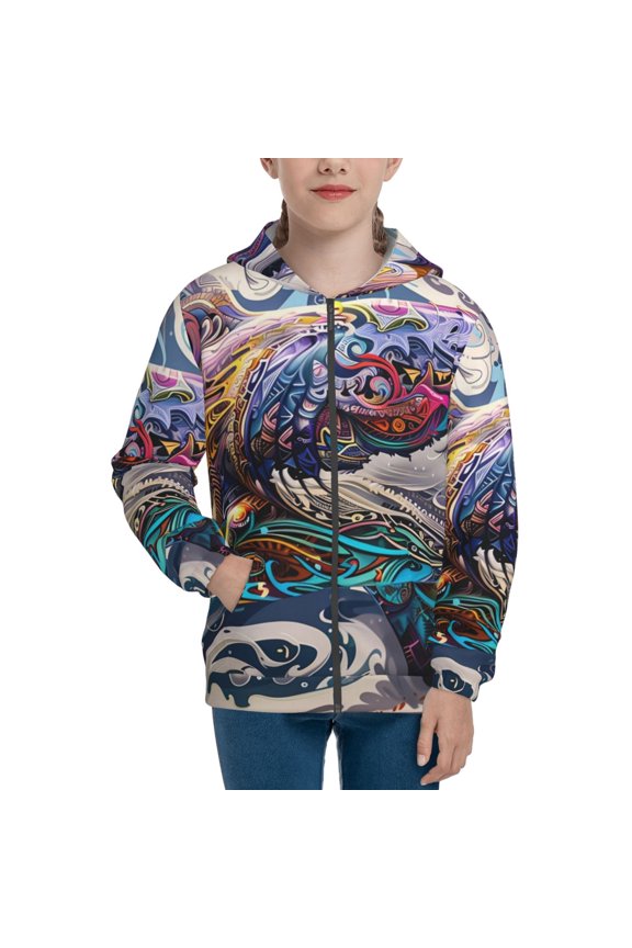 Psychedelic Shark Artwork Teenage Zipper Hoodie, Long Sleeve Zip Up Hoodies Casual Jackets Tops for 7-12 Years-Small