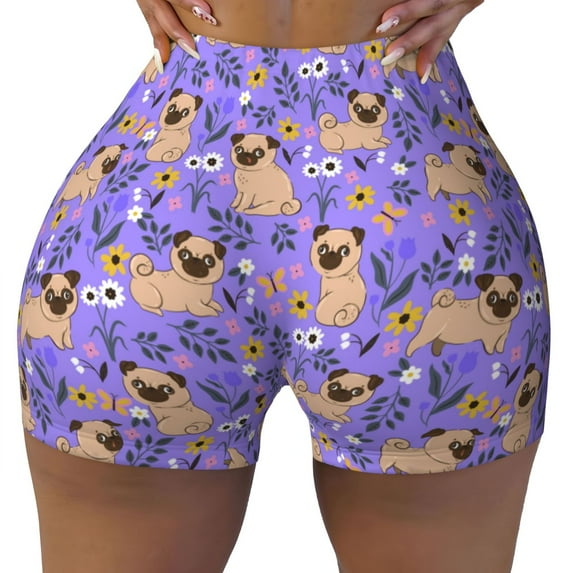 Naloa Pugs and Flowers Biker Shorts for Women Seamless Scrunch Short Women’s Yoga Shorts for Gym Running Sport Shorts - Small