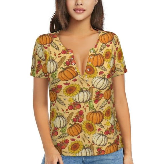 Naloa Pumpkin And Sunflower Print T-Shirts Short Sleeve V Neck Tees for Women Fashion Tops Trendy Lightweight Soft Casual Summer Outfits Clothes
