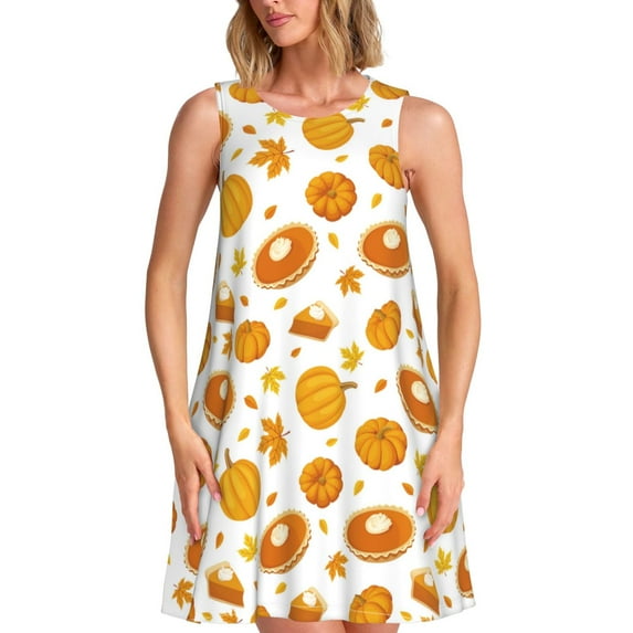 Naloa Pumpkin Maple Leaves Print Women's Summer Spring Casual Beach Sundress,Vacation Sleeveless Tank Crewneck Loose Dresses
