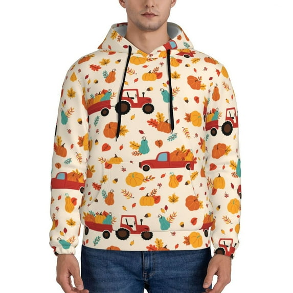 Naloa Pumpkins On Red Car And Tractor Men's Casual Hooded Collar Drawstring Hoodies Pullover Sweatshirts Casual Long Sleeve Shirts-4X-Large