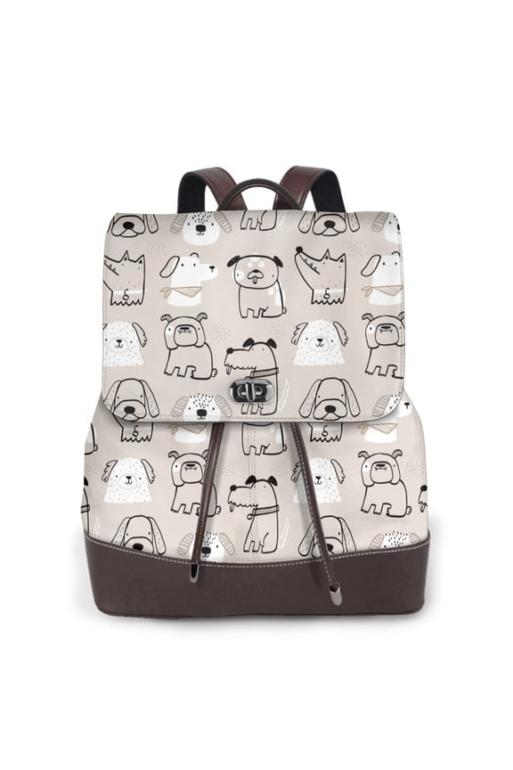 Puppy Print Women's Leather Backpack,Travel Laptop Backpack,Fashion Ladies Leather Backpack Bag for Travel,Leather Drawstring Daypack for Me