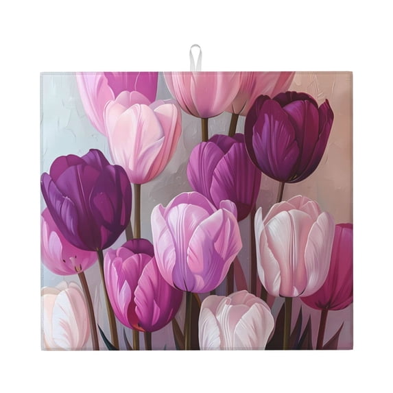 Naloa Purple And Pink Tulip Bouquet Dish Drying Mat for Kitchen Counter, Heat Resistant Drainer Mats, Absorbent Draining Mat,Dish Rack Pad,16"x18"