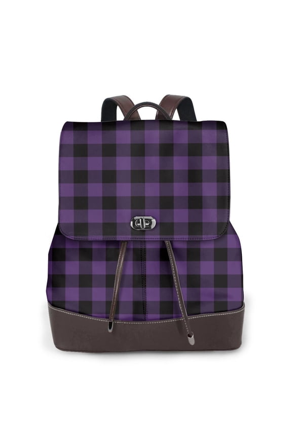 Naloa Purple Black Plaid Print Leather Backpack Purse for Women and Ladies,Shoulder Travel Daypacks Bags,Laptop Backpack for Women