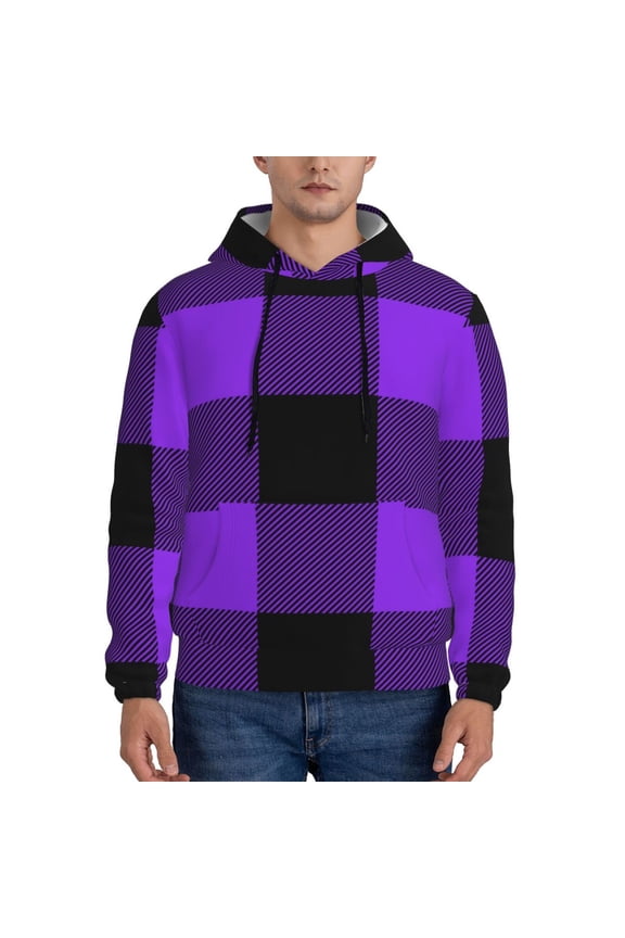 Purple Buffalo Plaid Men's Casual Hooded Collar Drawstring Hoodies Pullover Sweatshirts Casual Long Sleeve Shirts-X-Large