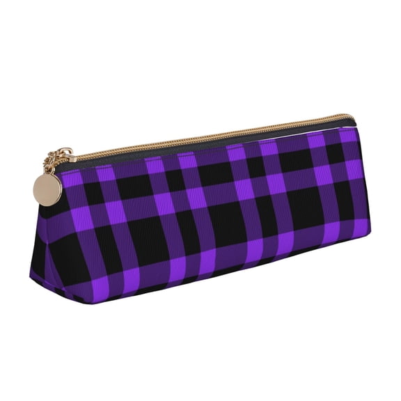 Naloa Purple Buffalo Plaid Print Leather Pencil Case - Portable Big Capacity Pencil Pouch Organizer Bag Stationery Bag for Work & Office Pencil Pen Case