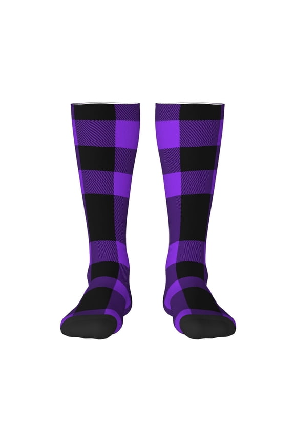 Purple Buffalo Plaid Thigh High Socks Extra Long Stretchy Sock Women Over Knee High Opaque Stocking Daily Wear