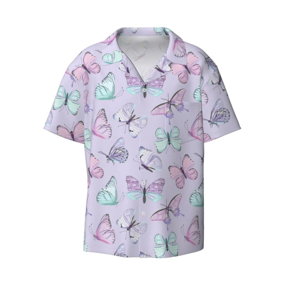 Naloa Purple Butterfly Men's Loose Fit Cuban Collar Short-Sleeve Shirt with Button-down and Chest Pocket for Everyday Wear Outings - XX-Large