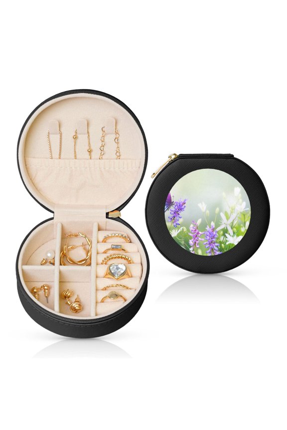 Purple Butterfly On Wild Round Jewelry Box, Travel Jewelry Organizer, 3.9 x 3.9 x 2in Jewelry Storage Box for Women-Black