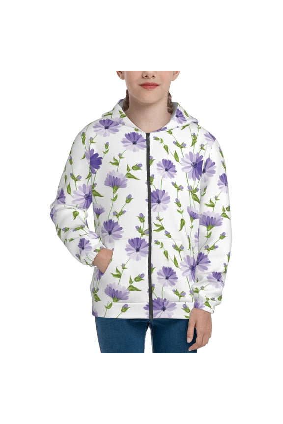 Purple Chicory Teenage Zipper Hoodie, Long Sleeve Zip Up Hoodies Casual Jackets Tops for 7-12 Years-Medium