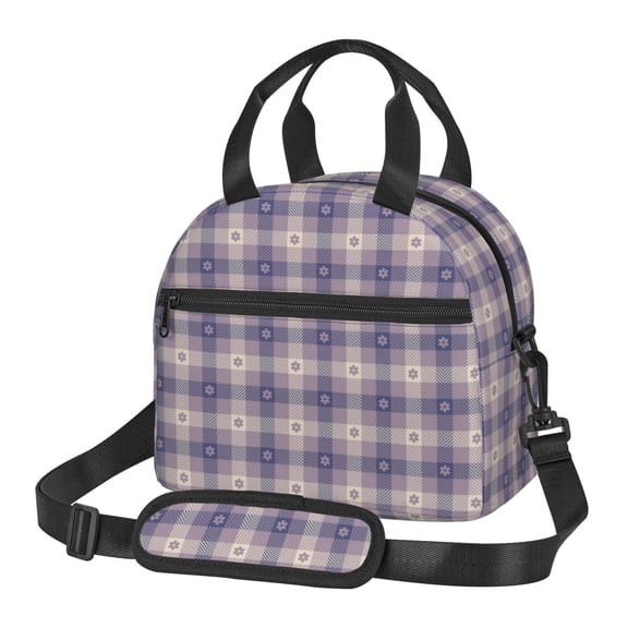 Naloa Purple Floral Gingham Check Plaid Print Lunch Bag for Women & Men Insulated Lunch Box or Cooler Lunch Tote Bags for Work, Travel, Outdoor