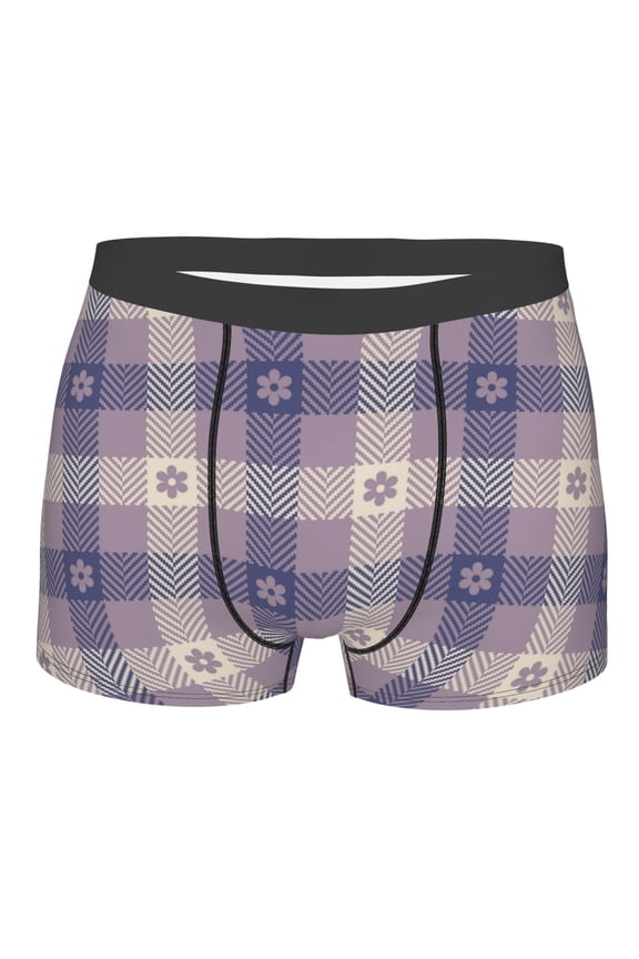 Purple Floral Gingham Check Plaid Print Mens Underwear - Boxers for Men, Classic Briefs for Men