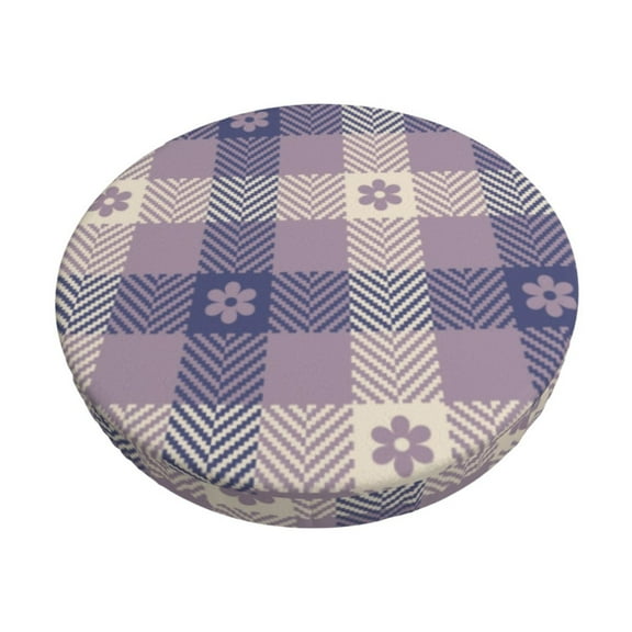 Naloa Purple Floral Gingham Check Plaid Round Bar Stool Cushion Cover 12-14 inch, Fits Kitchen, Office, Restaurant Chairs - 12 inch