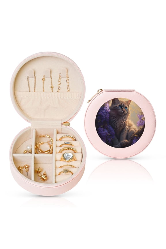 Purple Flower Lazy Cat Round Jewelry Box, Travel Jewelry Organizer, 3.9 x 3.9 x 2in Jewelry Storage Box for Women-Pink