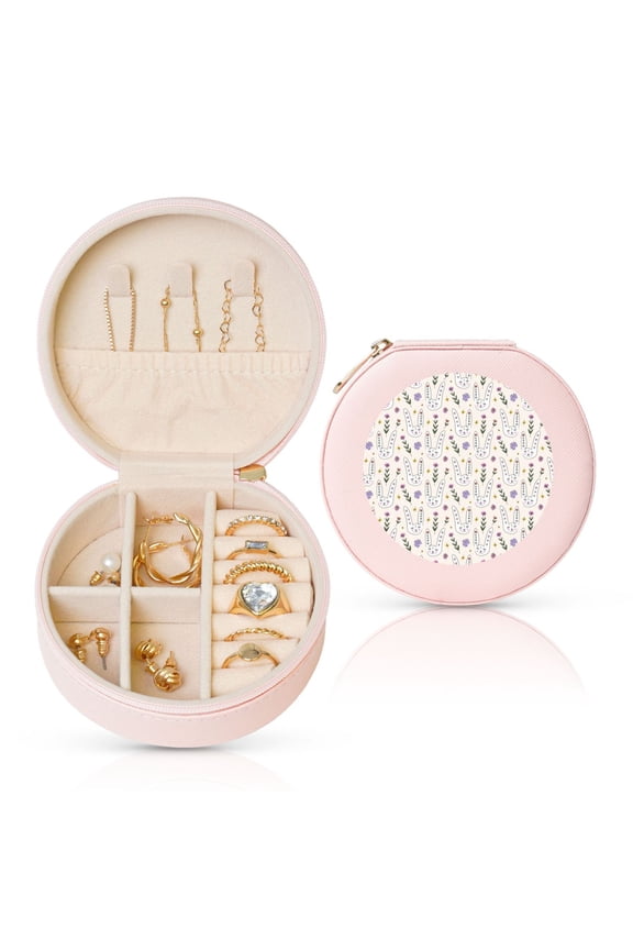 Purple Flower Rabbit Round Jewelry Box, Travel Jewelry Organizer, 3.9 x 3.9 x 2in Jewelry Storage Box for Women-Pink