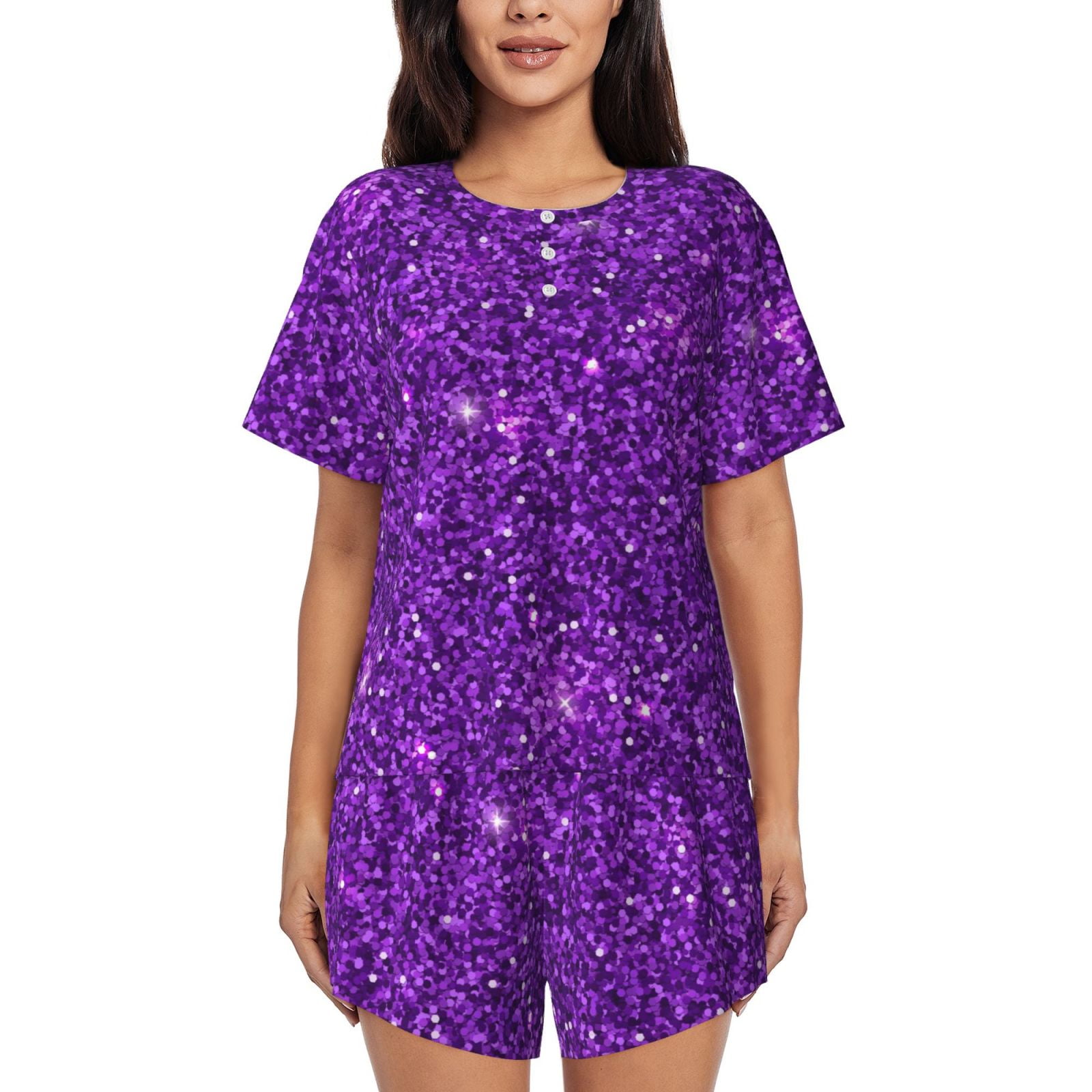 Naloa Purple Glitter Women's ShortSleeved Pajama Set, Loungewear