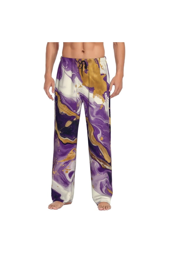 Purple Gold Marble Swirls Pajama Pants Men, PJ Bottoms, Sleep & Lounge Pants-Large