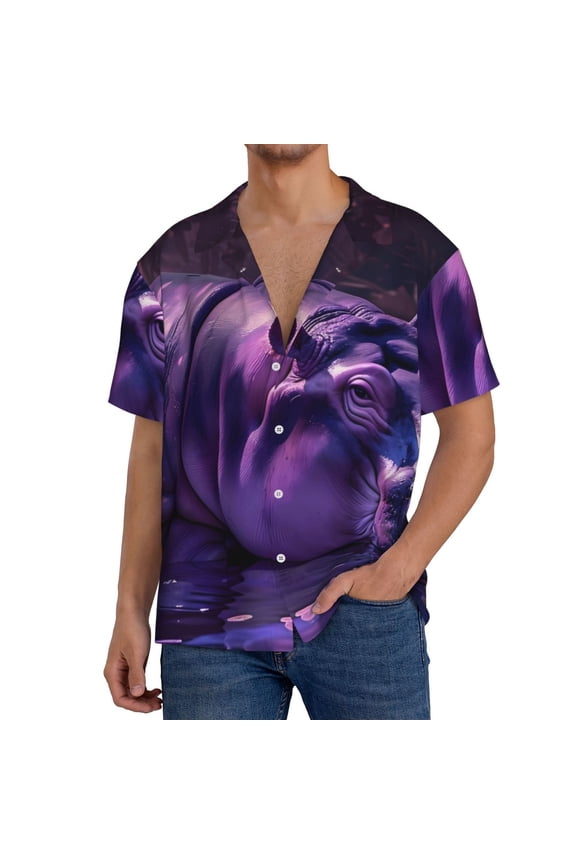 Purple Hippo In Water Men's Loose Fit Cuban Collar Short-Sleeve Shirt, Hawaiian Shirts, Mens Shirts Casual for Everyday Wear Outings-Medium