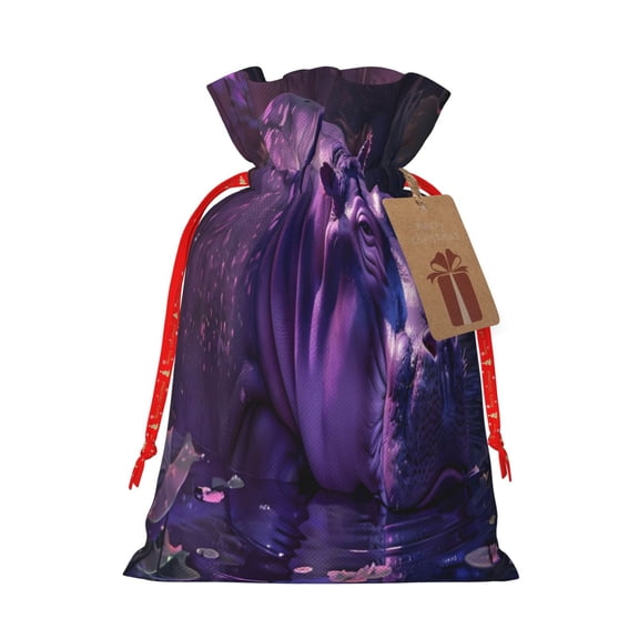 Naloa Purple Hippo In Water Drawstring Christmas Bags, 3D Xmas Gift Bags, Christmas Wrapping Bags, Xmas Goodie Bags, Treat Pouch Bags, Party Favor Bags-Medium