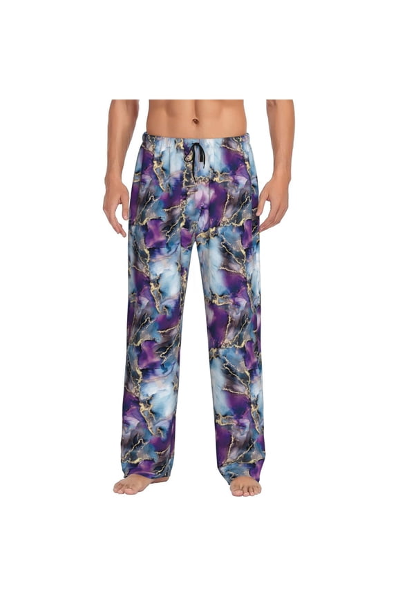 Purple Marble Texture Pajama Pants Men, PJ Bottoms, Sleep & Lounge Pants-Large