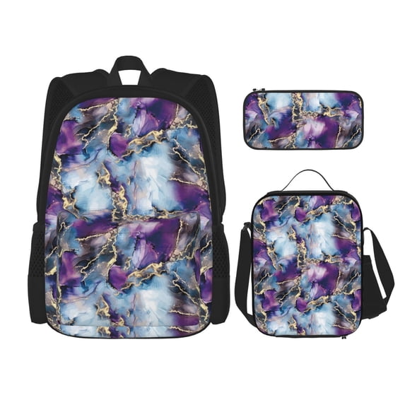 Naloa Purple Marble Texture Print Large Capacity Backpack Lunch Bag Pencil Case Combination 3 Piece Set for Student