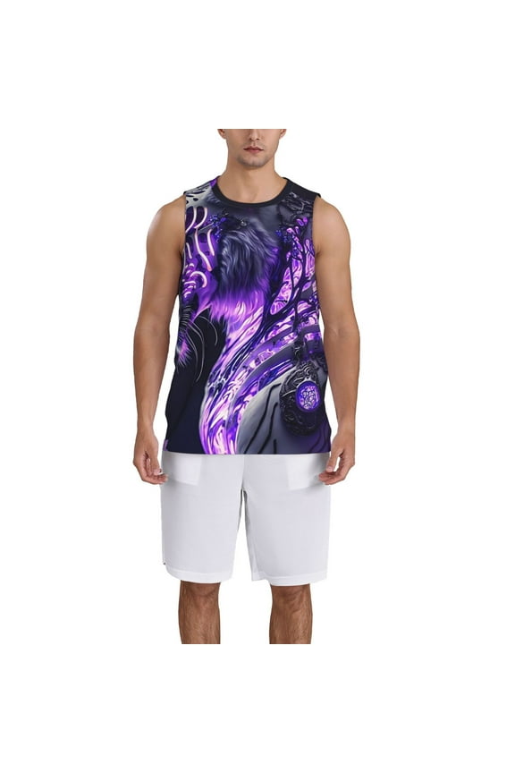Purple Pattern White Tiger Basketball Jersey Reversible Men's Mesh Athletic Sports Shirts Training Practice S-4XLMedium