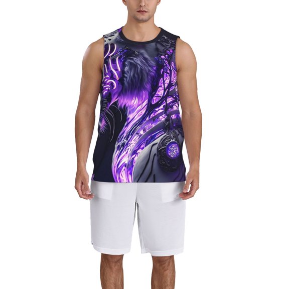 Naloa Purple Pattern White Tiger Basketball Jersey Reversible Men's Mesh Athletic Sports Shirts Training Practice S-4XLX-Large