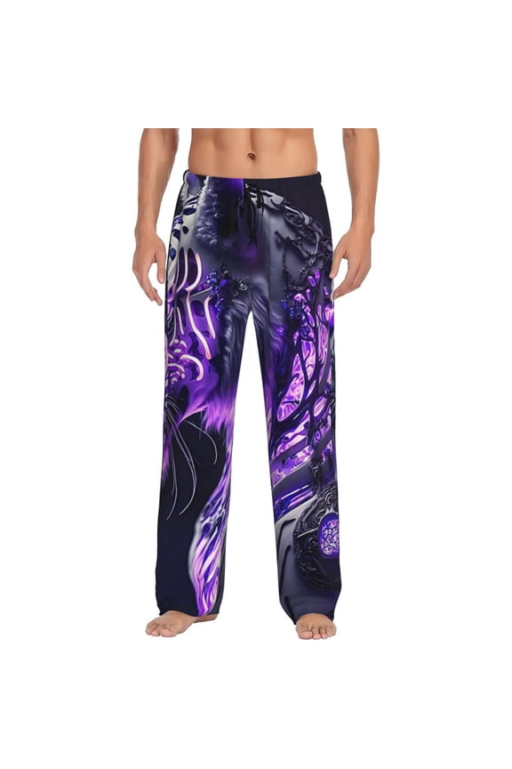 Purple Pattern White Tiger Pajama Pants Men, PJ Bottoms, Sleep & Lounge Pants-XX-Large