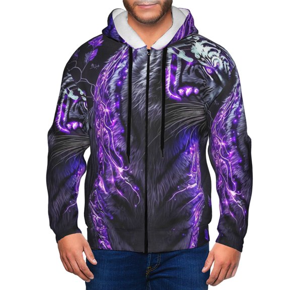 Naloa Purple Plant White Tiger Men’s Hoodies, Zip up Hoodie, Sweatshirts,Hoodies for Men Sizes S-3XL-X-Large