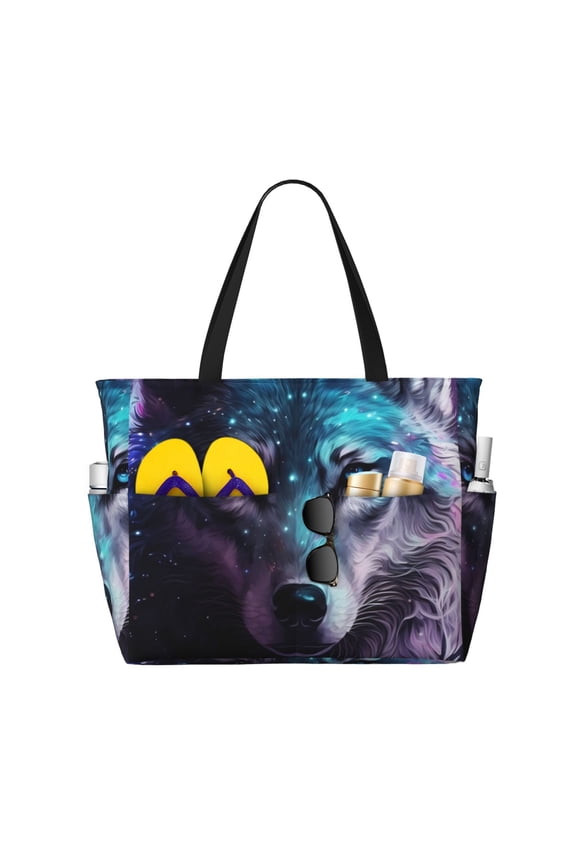 Purple Sky Wolf Large Capacity Beach Bag, Waterproof Sandproof Beach Swim Pool Bag Tote Bag for Women