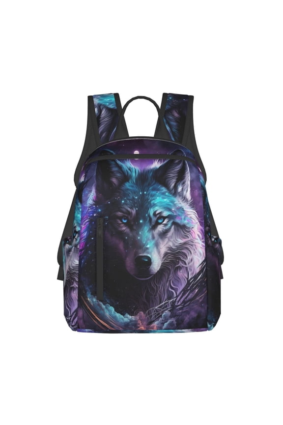 Purple Sky Wolf Print Lightweight DayBackpack Suitable for school, work, shopping, travel, etc.