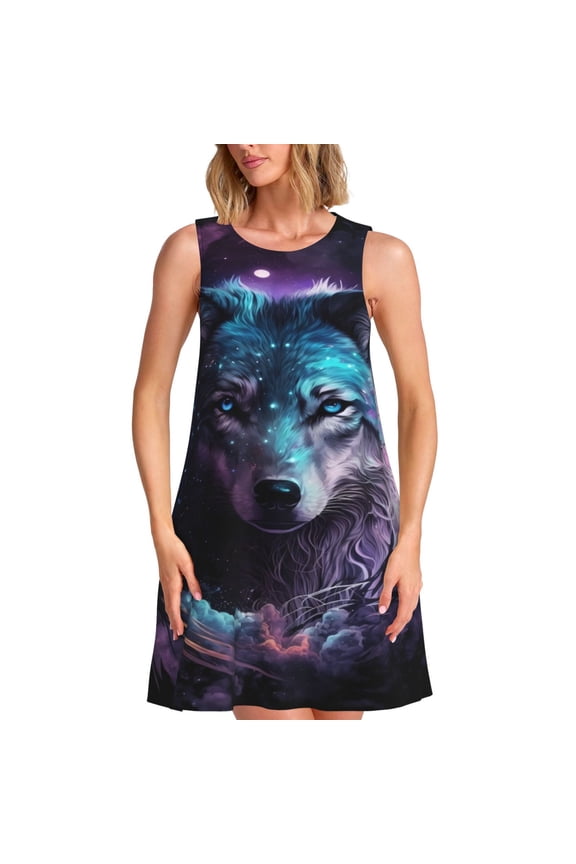 Purple Sky Wolf Print Women's Summer Spring Casual Beach Sundress,Vacation Sleeveless Tank Crewneck Loose Dresses