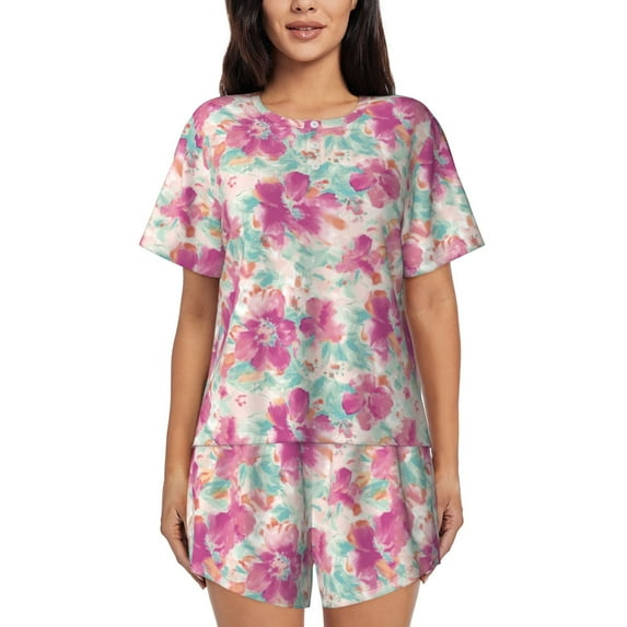 Naloa Purple Watercolor Flowers Women's Short-Sleeved Pajama Set, Loungewear, Summer pajamas, Breathable Cozy - Large