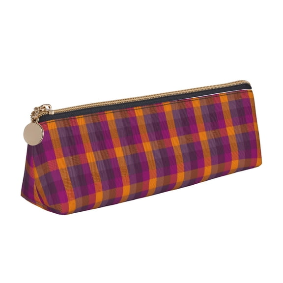 Naloa Purple Yellow Buffalo Plaid Print Leather Pencil Case - Portable Big Capacity Pencil Pouch Organizer Bag Stationery Bag for Work & Office Pencil Pen Case
