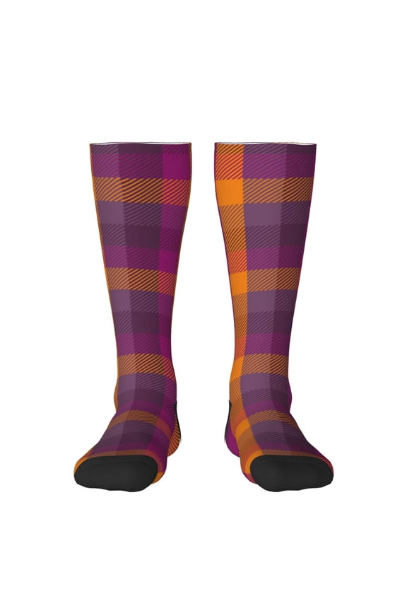 Purple Yellow Buffalo Plaid Thigh High Socks Extra Long Stretchy Sock Women Over Knee High Opaque Stocking Daily Wear